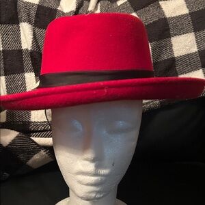 Vintage Red 100% Wool Fedora Hat with Black Ribbon Accent